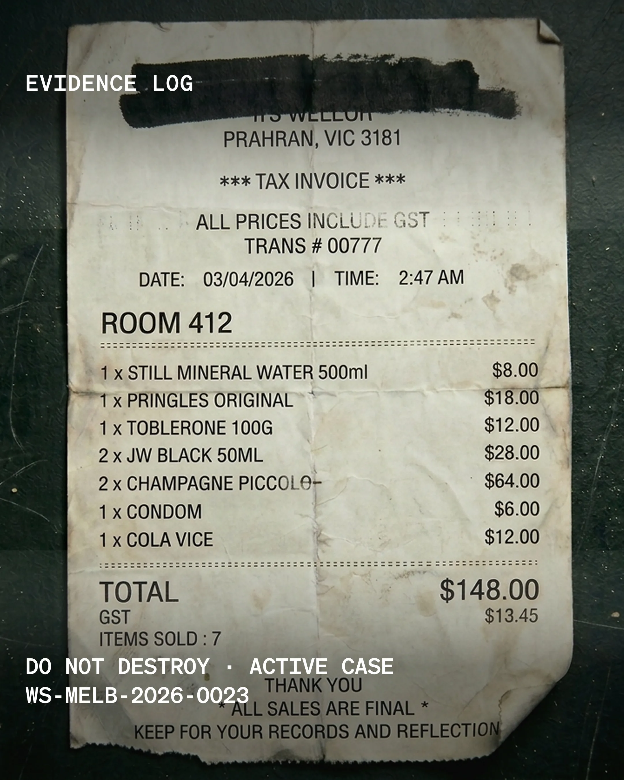 Minibar tax invoice from hotel ████, Prahran. Room 412. Transaction 00777. Seven items: still mineral water, Pringles original, Toblerone 100g, two JW Black 50ml, two champagne piccolos, one condom, one Cola Vice. Total $148.00 including $13.45 GST. 03 April 2026, 02:47am. Footer reads KEEP FOR YOUR RECORDS AND REFLECTION.
